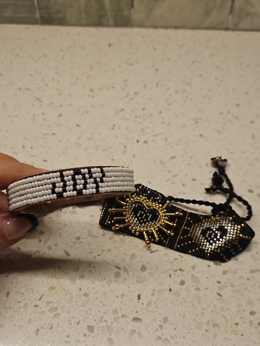 Handmade Beaded Bracelet Set - White & Black with Gold Accent
